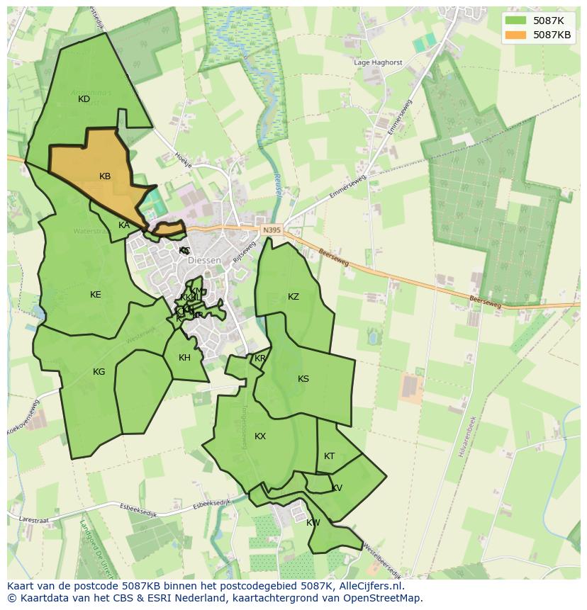 Afbeelding van het postcodegebied 5087 KB op de kaart.