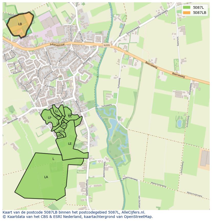 Afbeelding van het postcodegebied 5087 LB op de kaart.