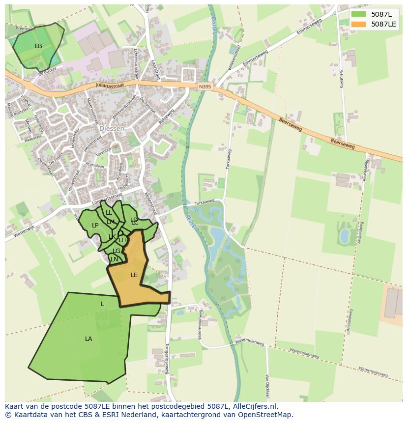 Afbeelding van het postcodegebied 5087 LE op de kaart.