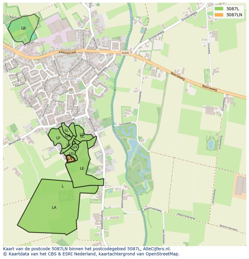 Afbeelding van het postcodegebied 5087 LN op de kaart.