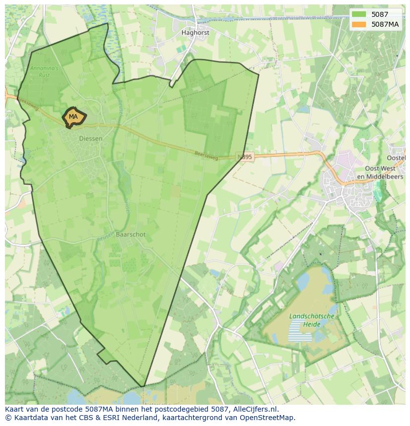 Afbeelding van het postcodegebied 5087 MA op de kaart.
