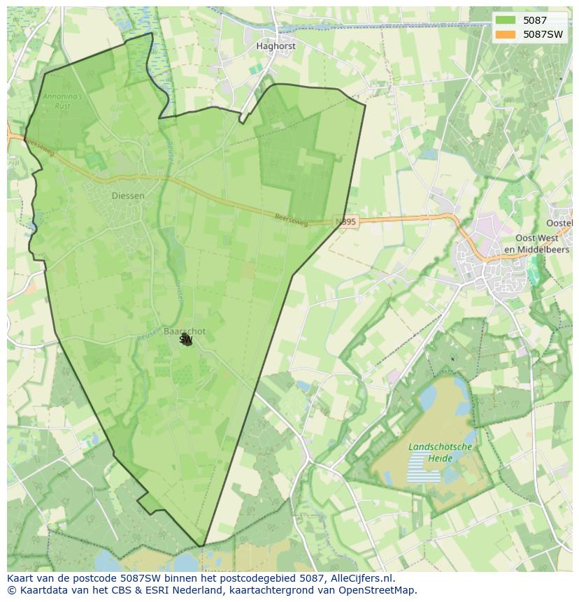 Afbeelding van het postcodegebied 5087 SW op de kaart.