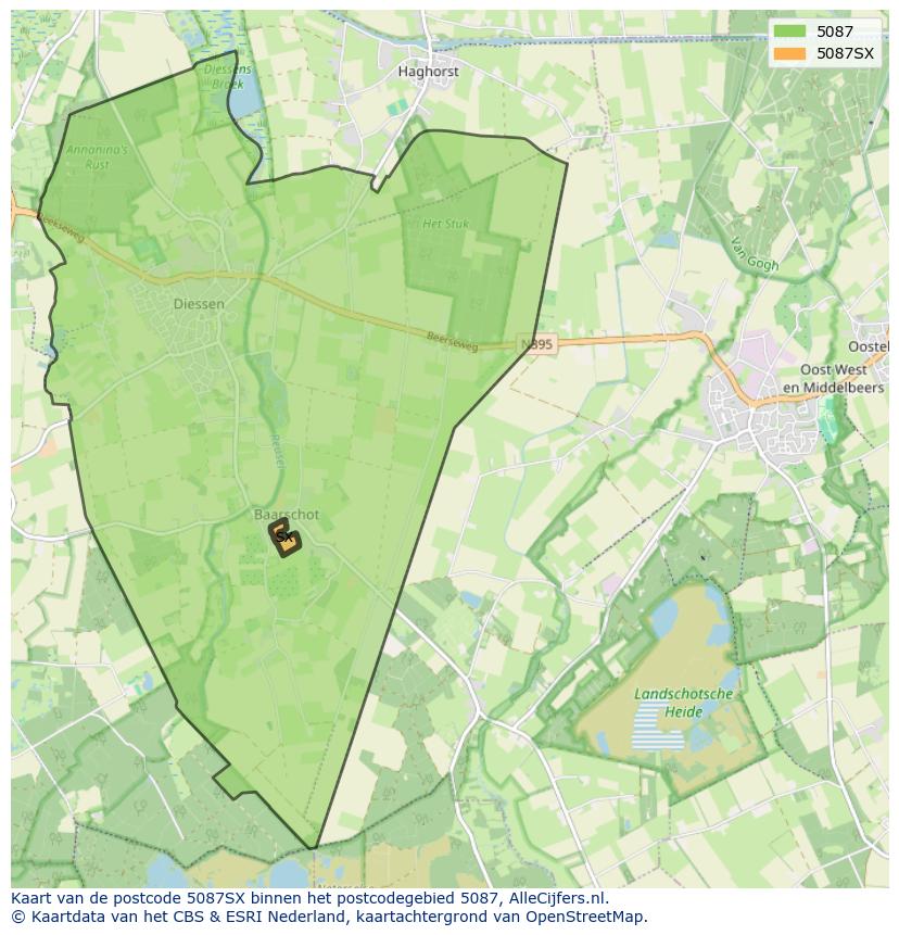 Afbeelding van het postcodegebied 5087 SX op de kaart.