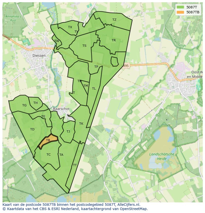 Afbeelding van het postcodegebied 5087 TB op de kaart.