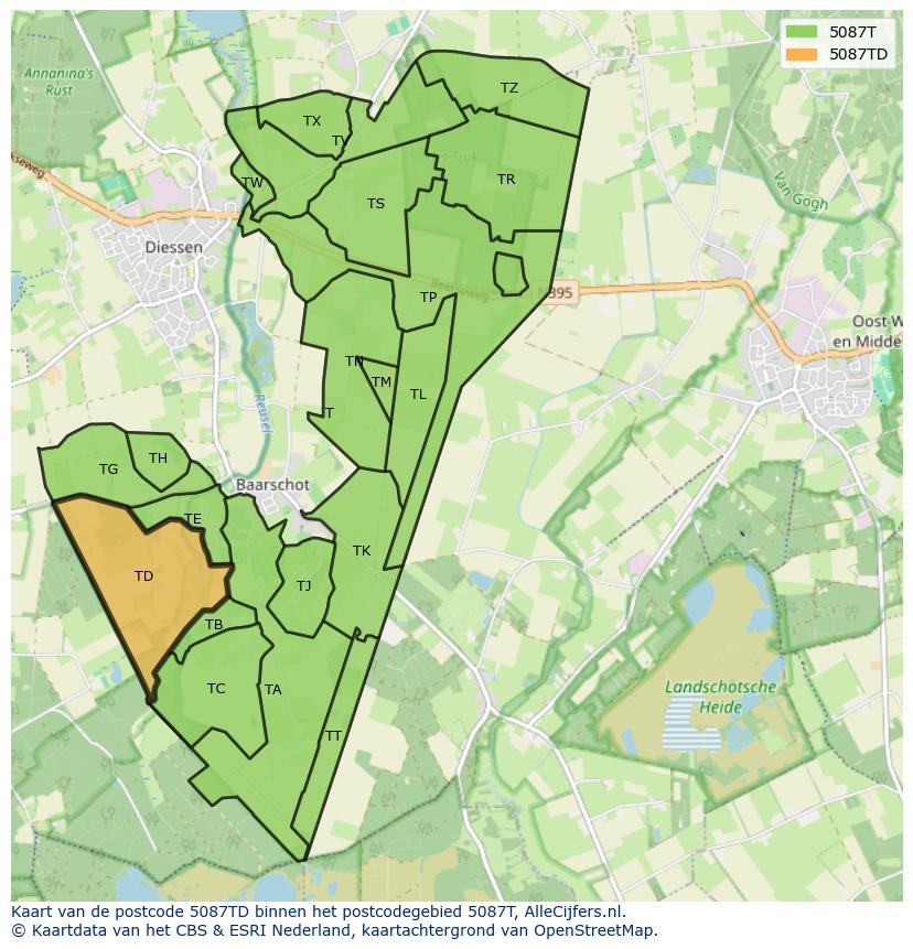 Afbeelding van het postcodegebied 5087 TD op de kaart.