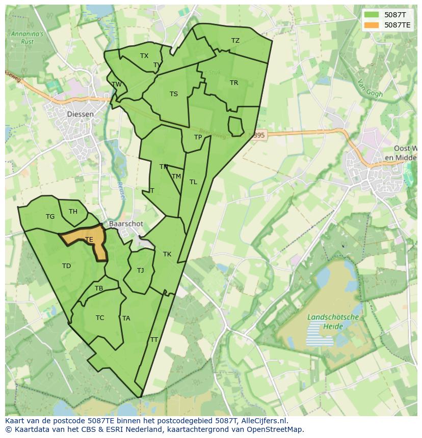Afbeelding van het postcodegebied 5087 TE op de kaart.