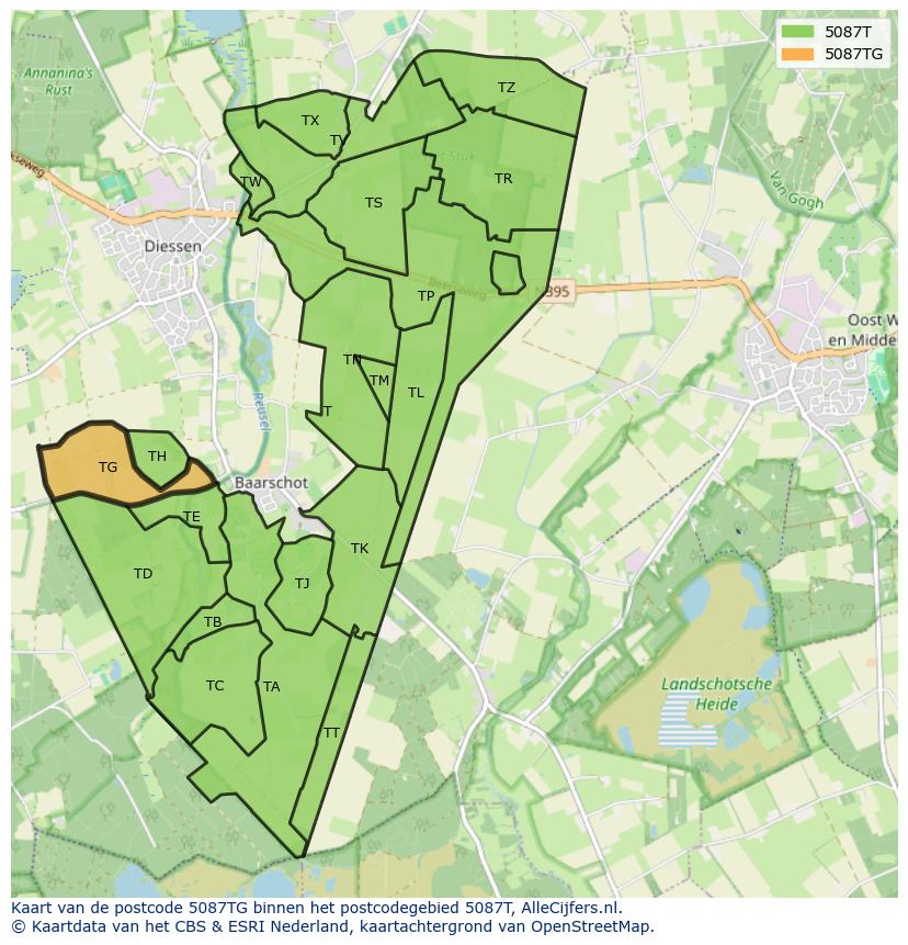 Afbeelding van het postcodegebied 5087 TG op de kaart.