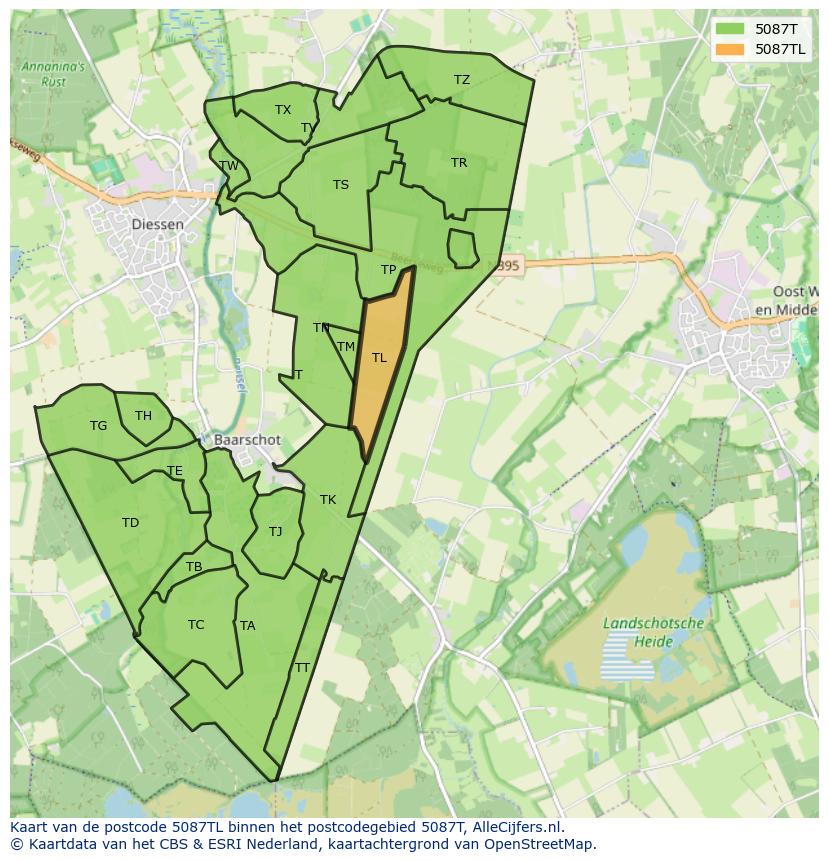 Afbeelding van het postcodegebied 5087 TL op de kaart.