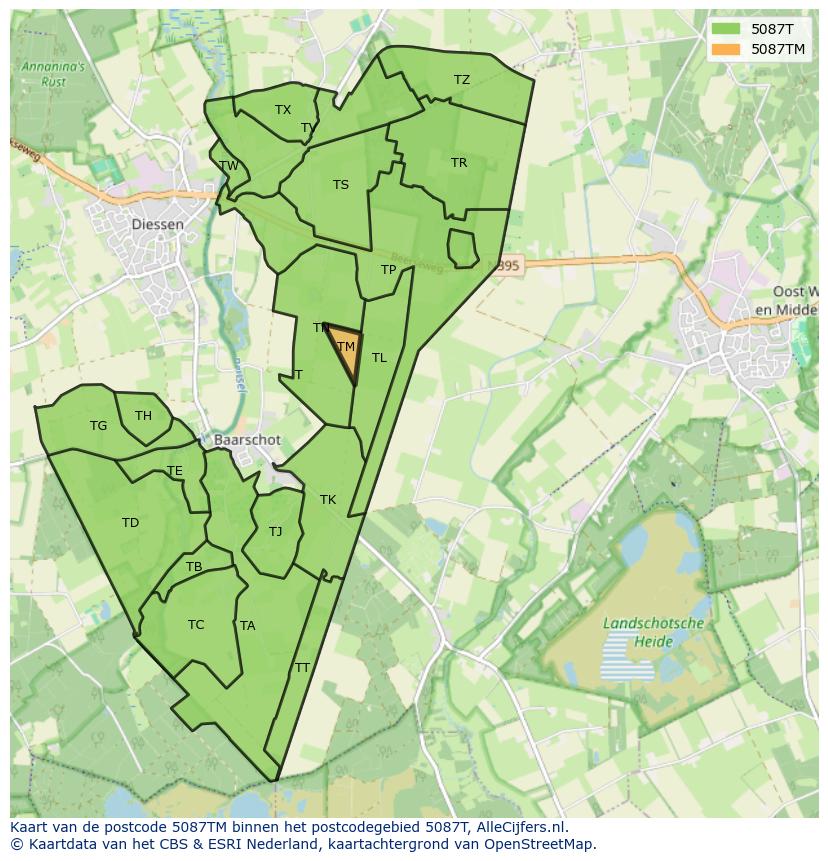 Afbeelding van het postcodegebied 5087 TM op de kaart.