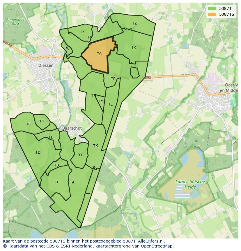 Afbeelding van het postcodegebied 5087 TS op de kaart.