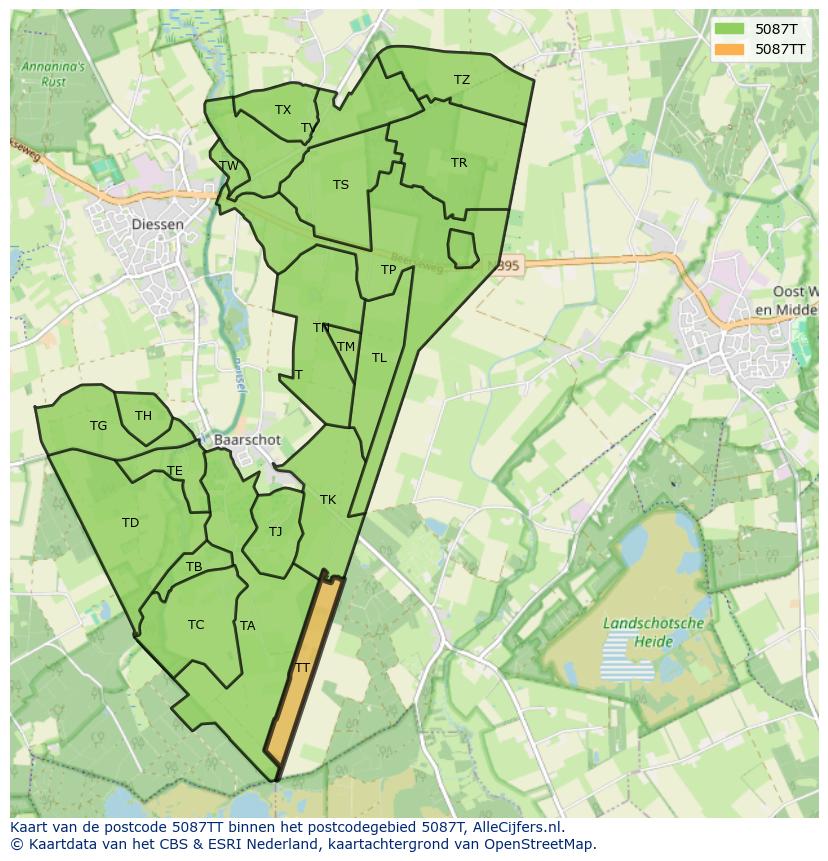 Afbeelding van het postcodegebied 5087 TT op de kaart.