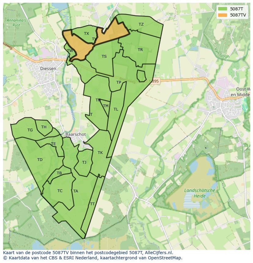 Afbeelding van het postcodegebied 5087 TV op de kaart.