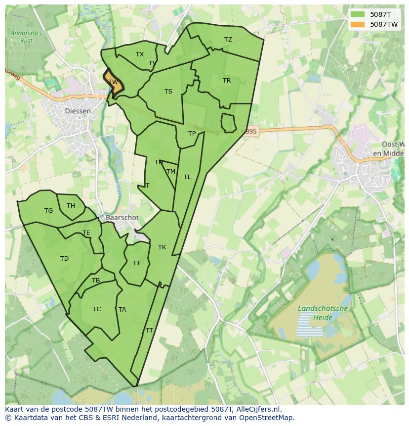 Afbeelding van het postcodegebied 5087 TW op de kaart.