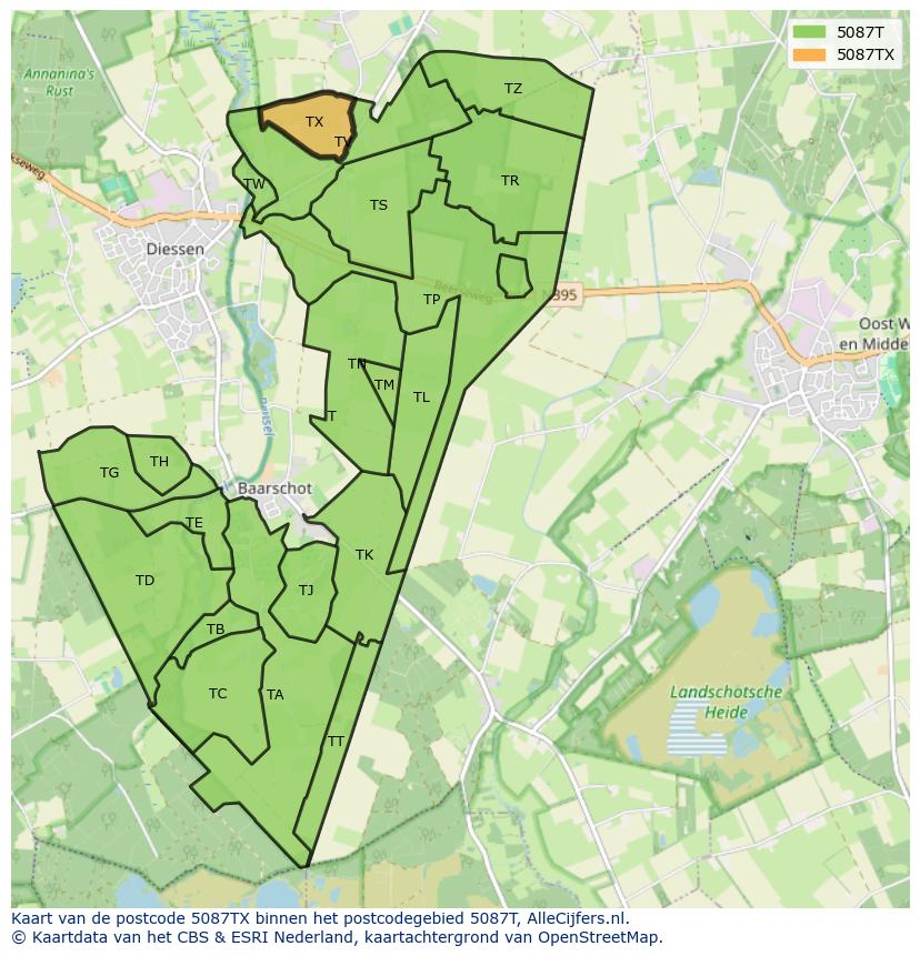Afbeelding van het postcodegebied 5087 TX op de kaart.