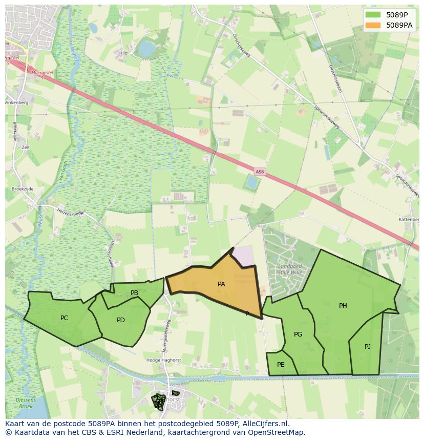 Afbeelding van het postcodegebied 5089 PA op de kaart.