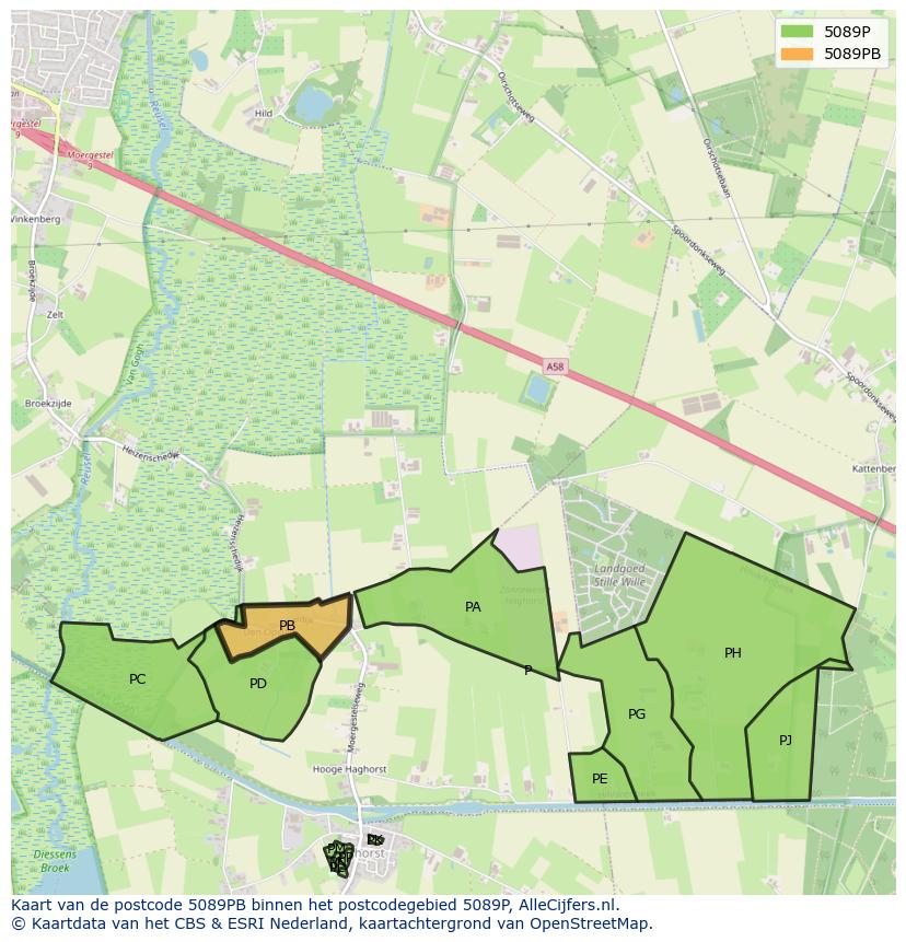Afbeelding van het postcodegebied 5089 PB op de kaart.