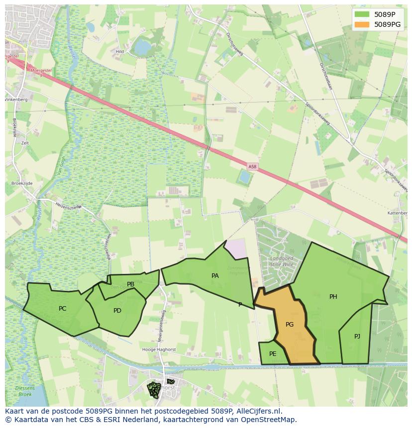 Afbeelding van het postcodegebied 5089 PG op de kaart.