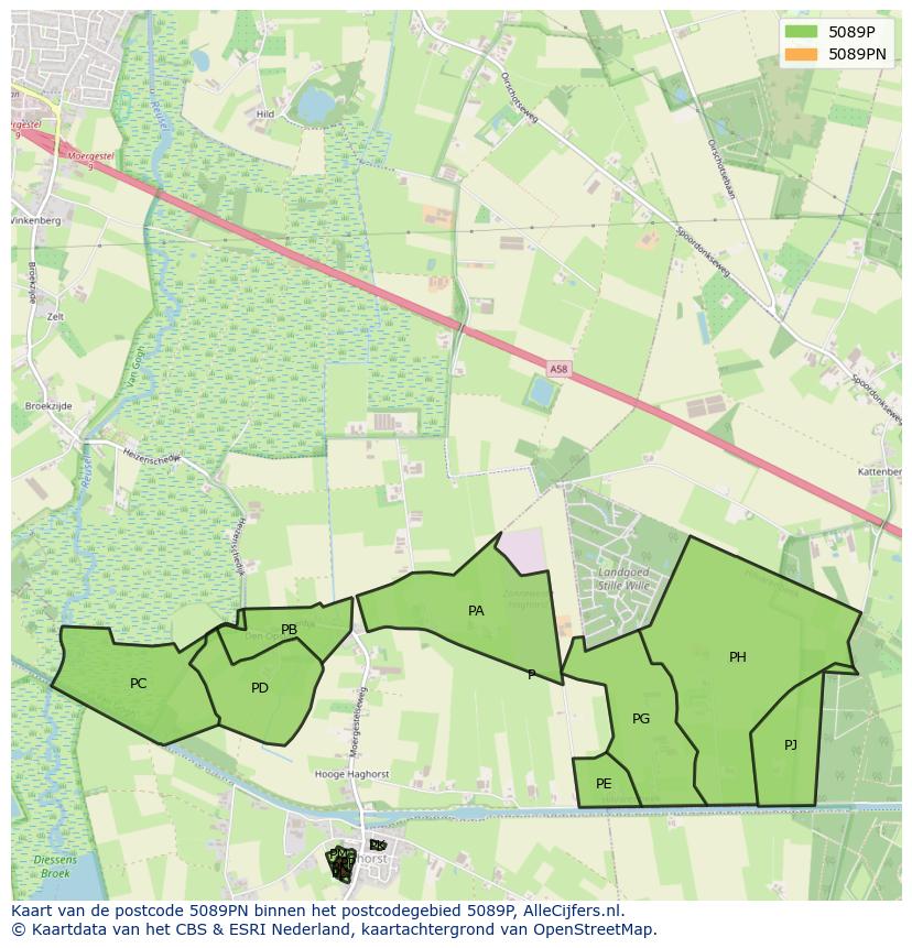Afbeelding van het postcodegebied 5089 PN op de kaart.
