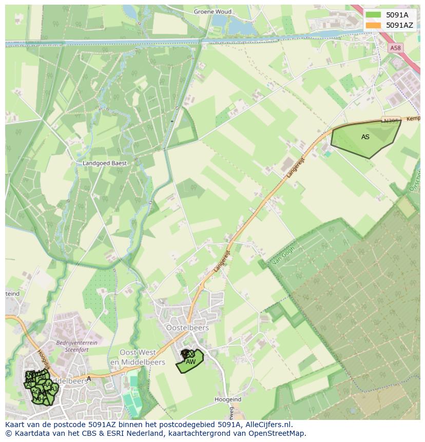 Afbeelding van het postcodegebied 5091 AZ op de kaart.