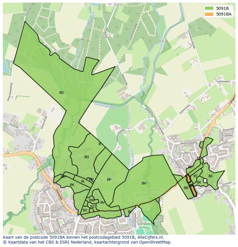 Afbeelding van het postcodegebied 5091 BA op de kaart.