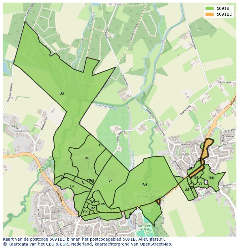 Afbeelding van het postcodegebied 5091 BD op de kaart.