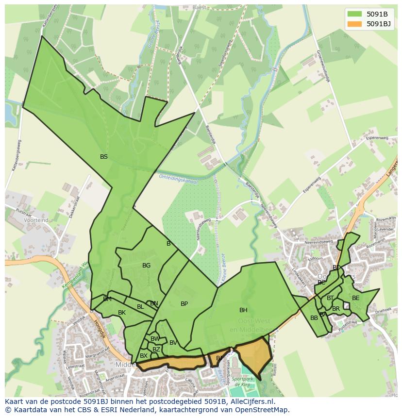 Afbeelding van het postcodegebied 5091 BJ op de kaart.