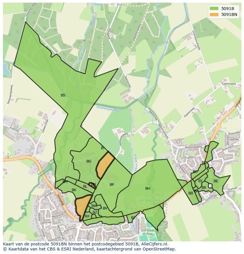 Afbeelding van het postcodegebied 5091 BN op de kaart.