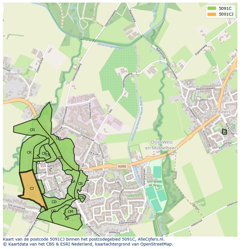 Afbeelding van het postcodegebied 5091 CJ op de kaart.