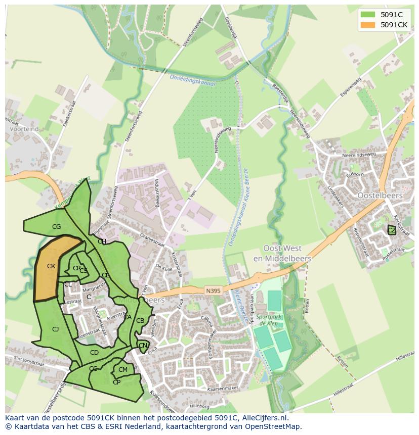Afbeelding van het postcodegebied 5091 CK op de kaart.