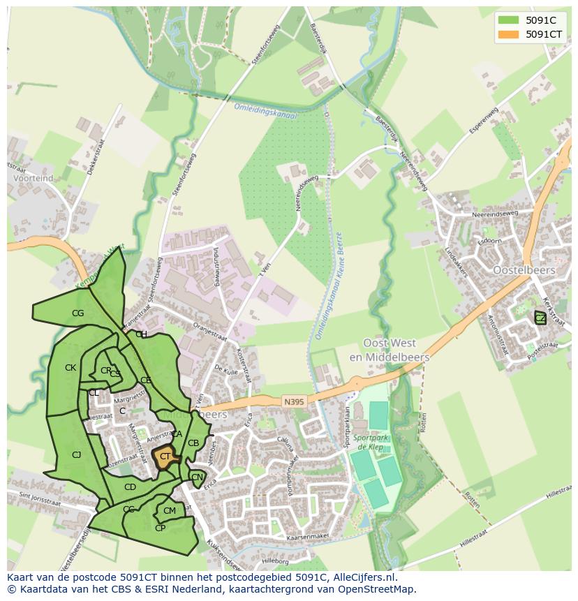 Afbeelding van het postcodegebied 5091 CT op de kaart.