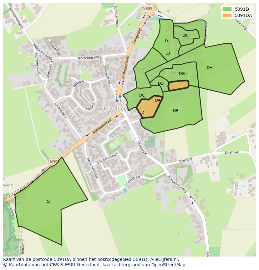 Afbeelding van het postcodegebied 5091 DA op de kaart.