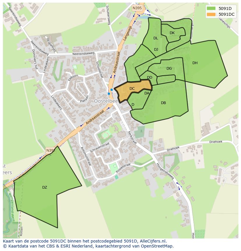 Afbeelding van het postcodegebied 5091 DC op de kaart.