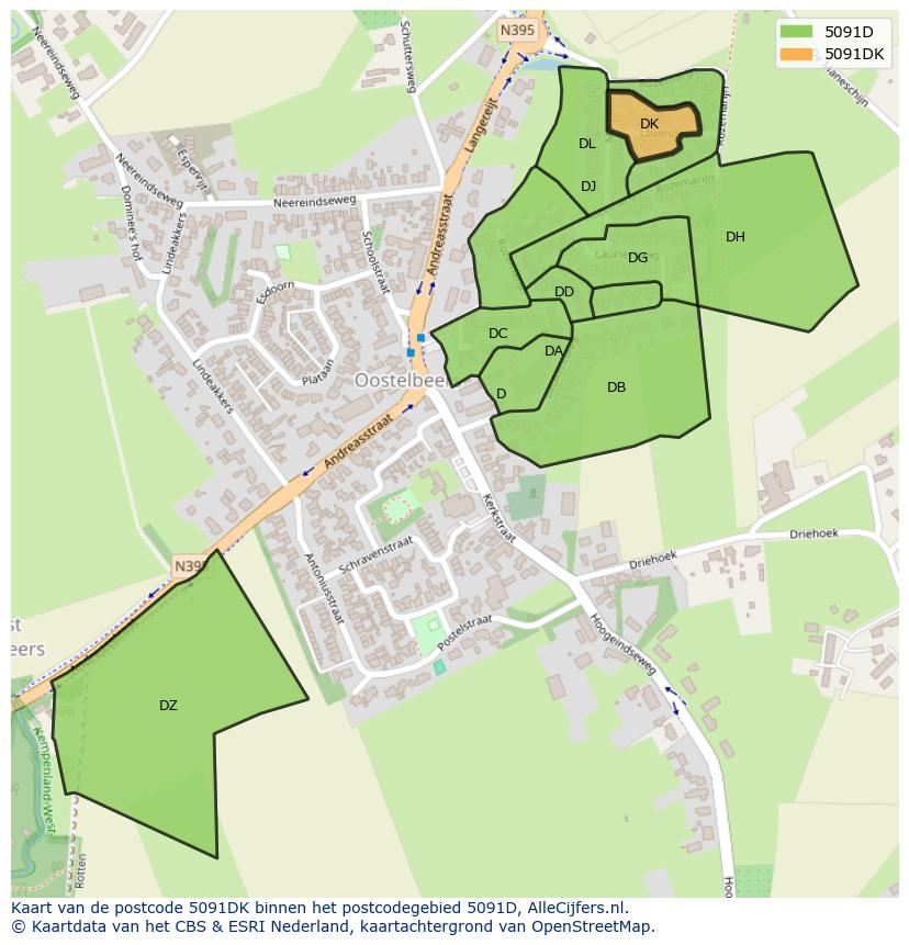 Afbeelding van het postcodegebied 5091 DK op de kaart.