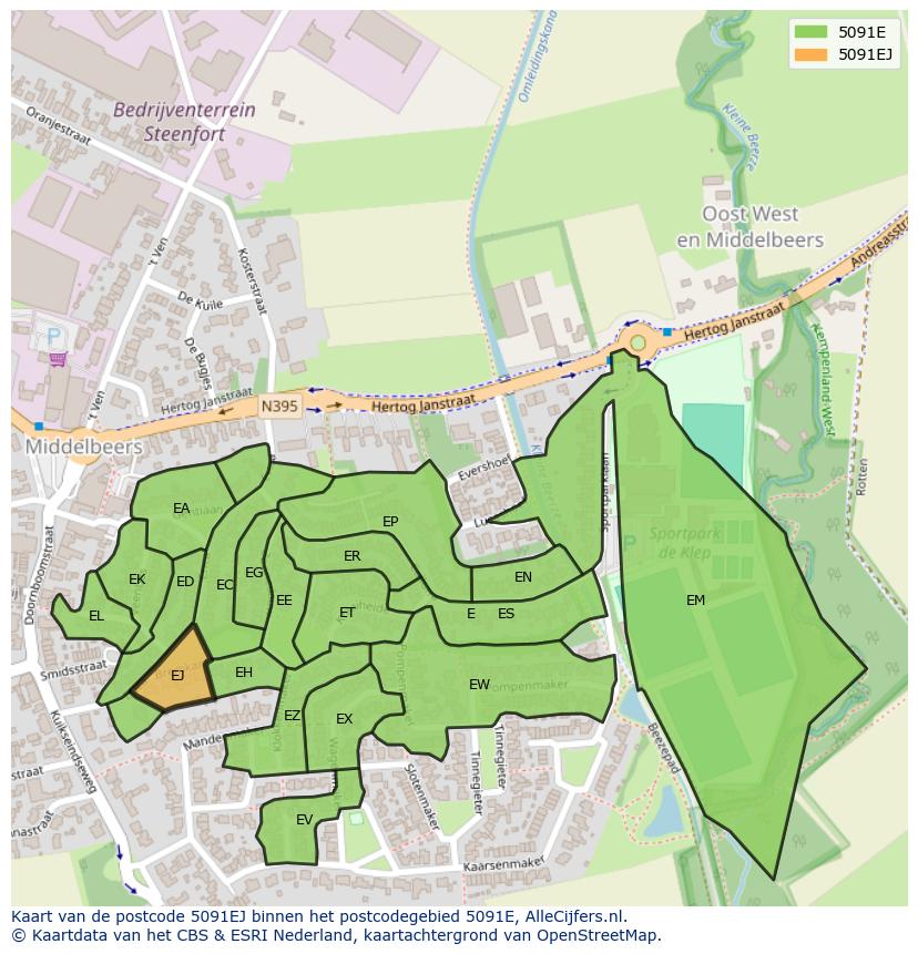 Afbeelding van het postcodegebied 5091 EJ op de kaart.