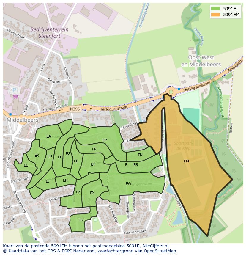Afbeelding van het postcodegebied 5091 EM op de kaart.