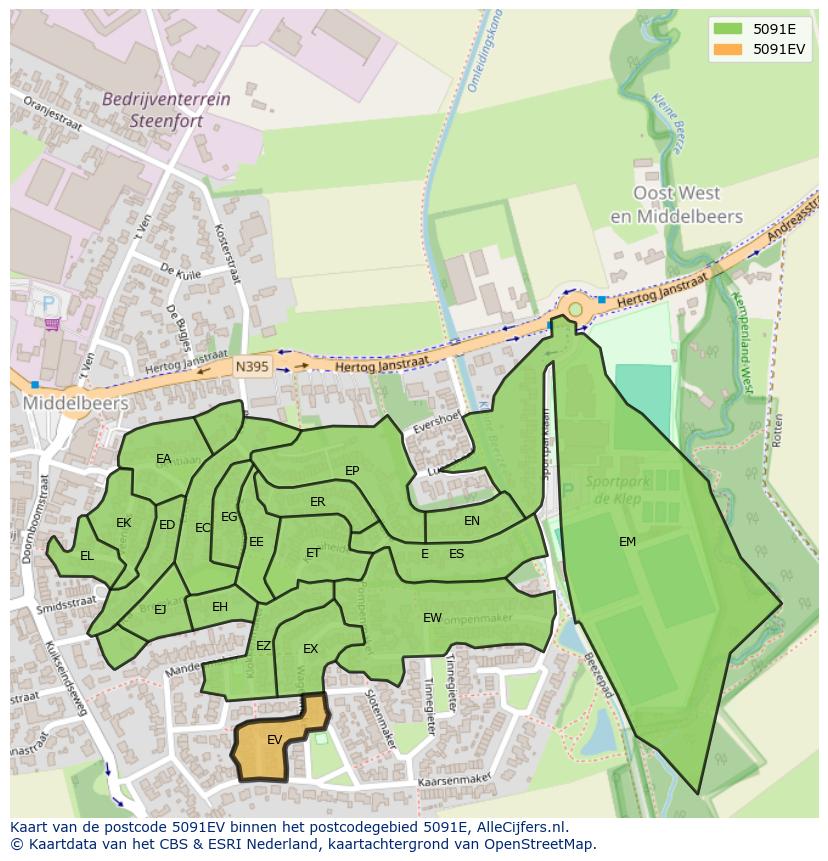 Afbeelding van het postcodegebied 5091 EV op de kaart.