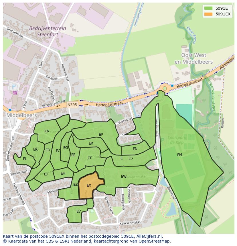 Afbeelding van het postcodegebied 5091 EX op de kaart.