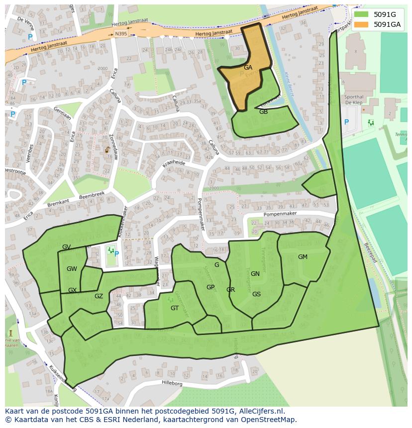 Afbeelding van het postcodegebied 5091 GA op de kaart.