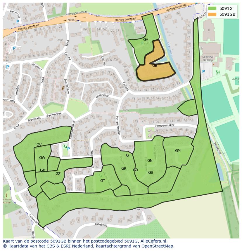 Afbeelding van het postcodegebied 5091 GB op de kaart.
