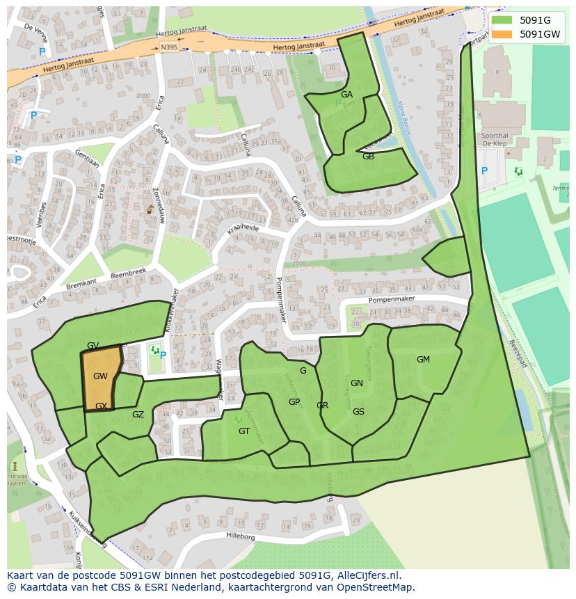 Afbeelding van het postcodegebied 5091 GW op de kaart.