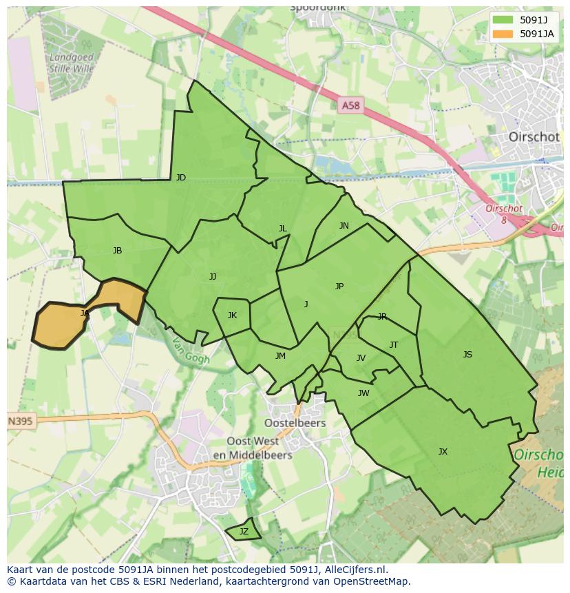 Afbeelding van het postcodegebied 5091 JA op de kaart.