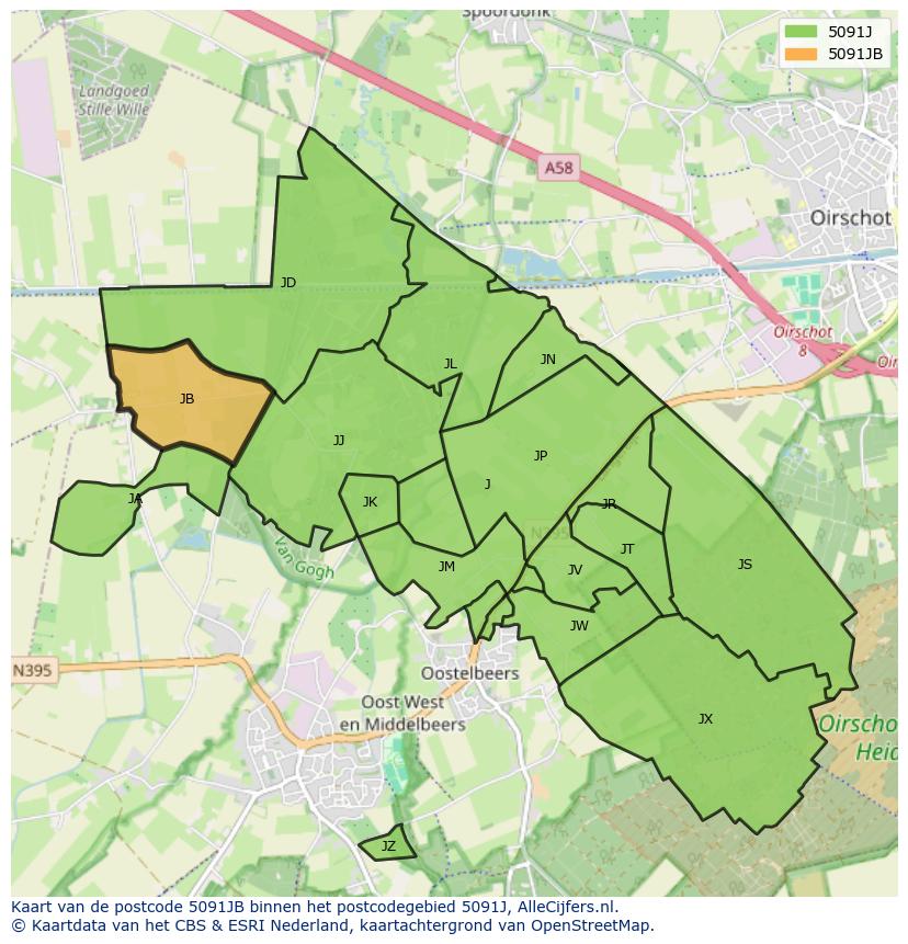 Afbeelding van het postcodegebied 5091 JB op de kaart.