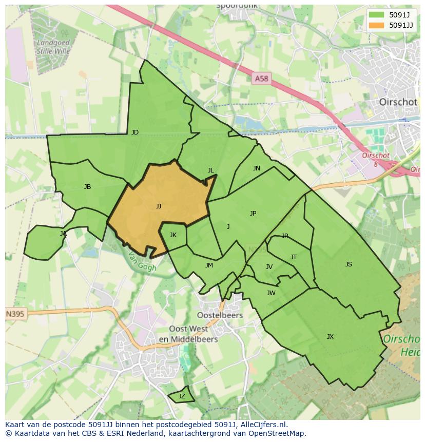 Afbeelding van het postcodegebied 5091 JJ op de kaart.
