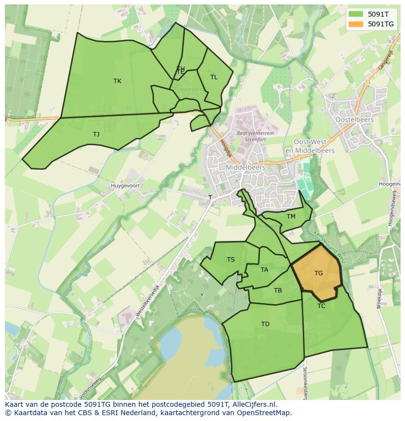 Afbeelding van het postcodegebied 5091 TG op de kaart.