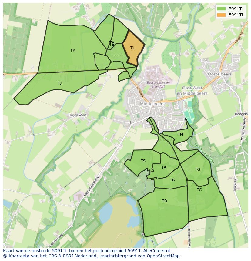 Afbeelding van het postcodegebied 5091 TL op de kaart.