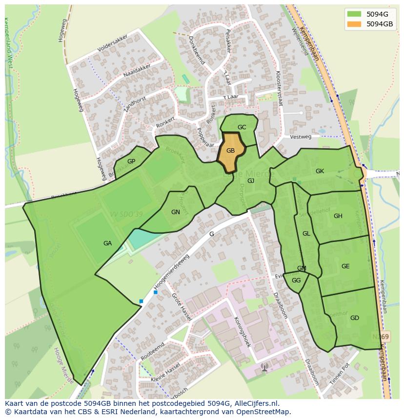 Afbeelding van het postcodegebied 5094 GB op de kaart.