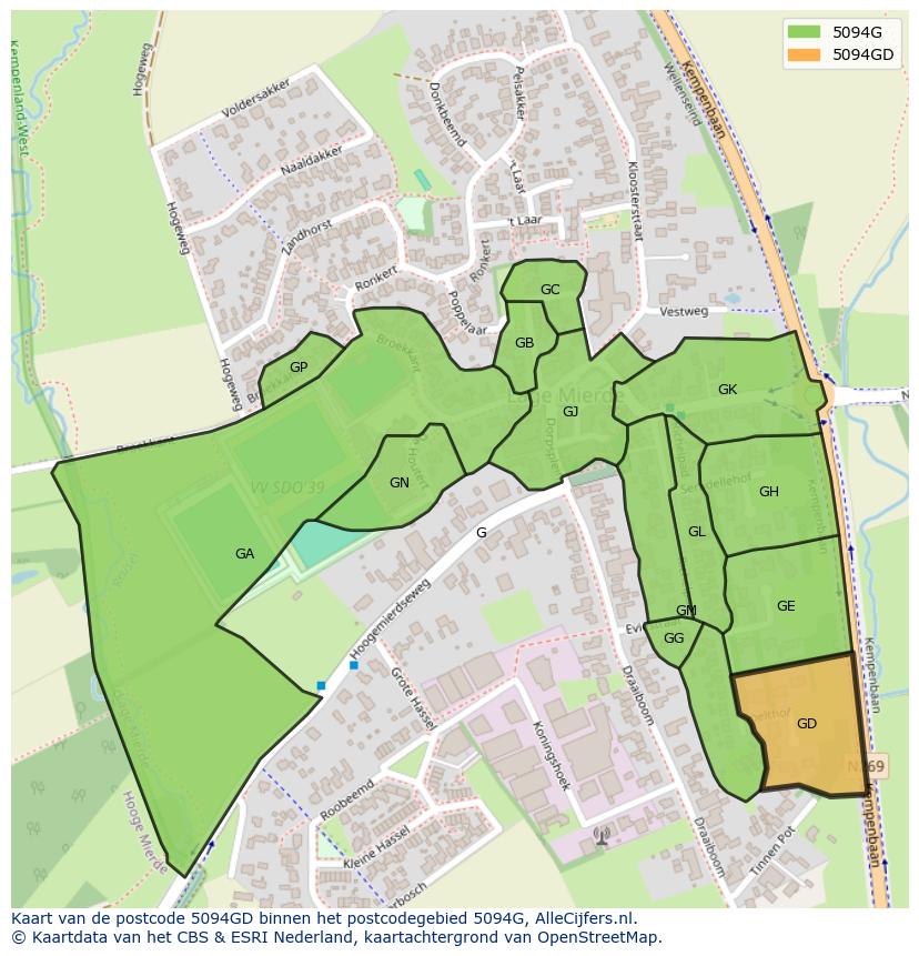 Afbeelding van het postcodegebied 5094 GD op de kaart.