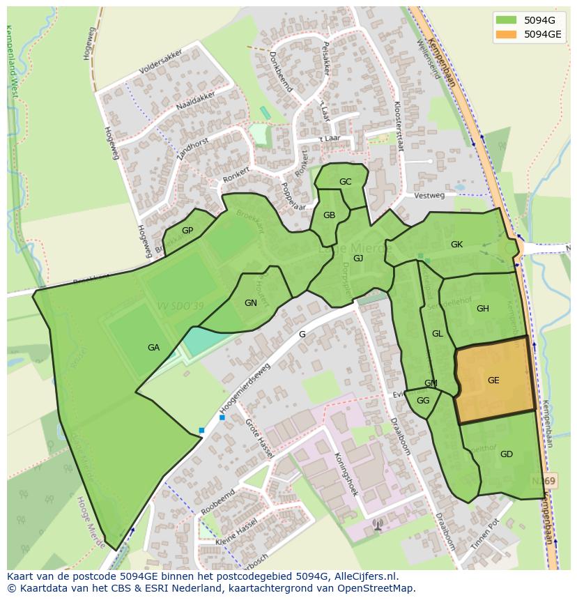 Afbeelding van het postcodegebied 5094 GE op de kaart.