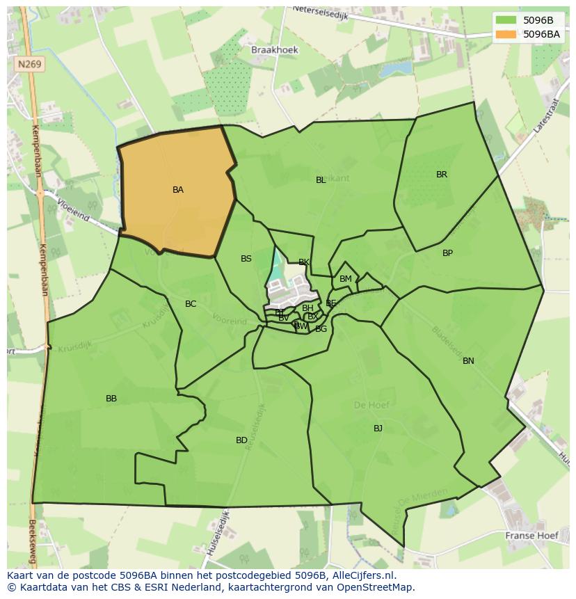 Afbeelding van het postcodegebied 5096 BA op de kaart.