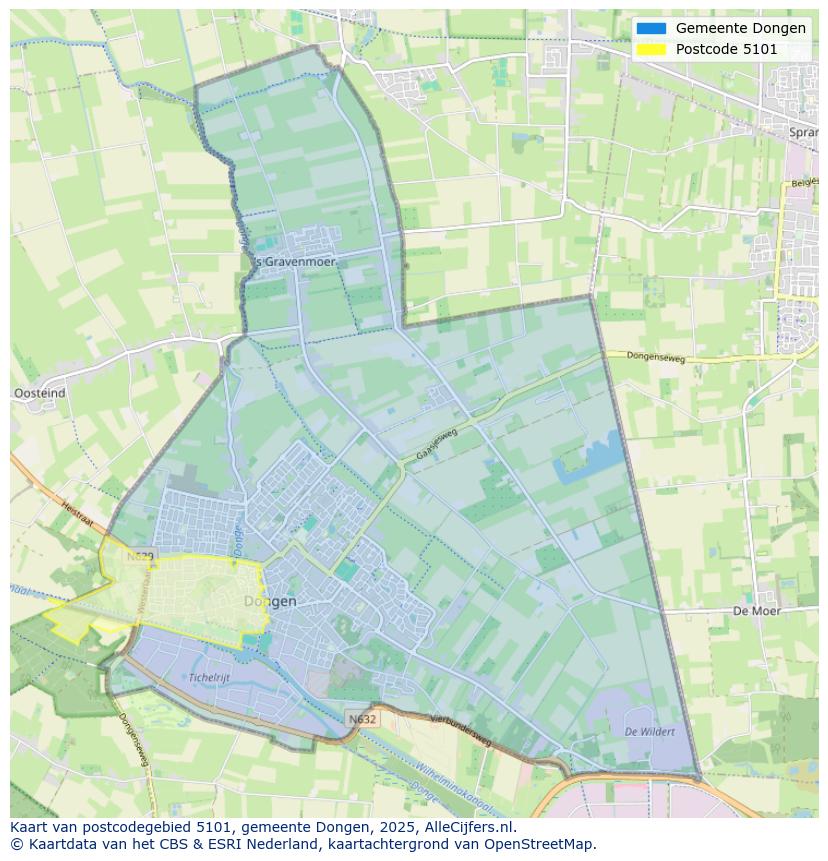 Afbeelding van het postcodegebied 5101 op de kaart.